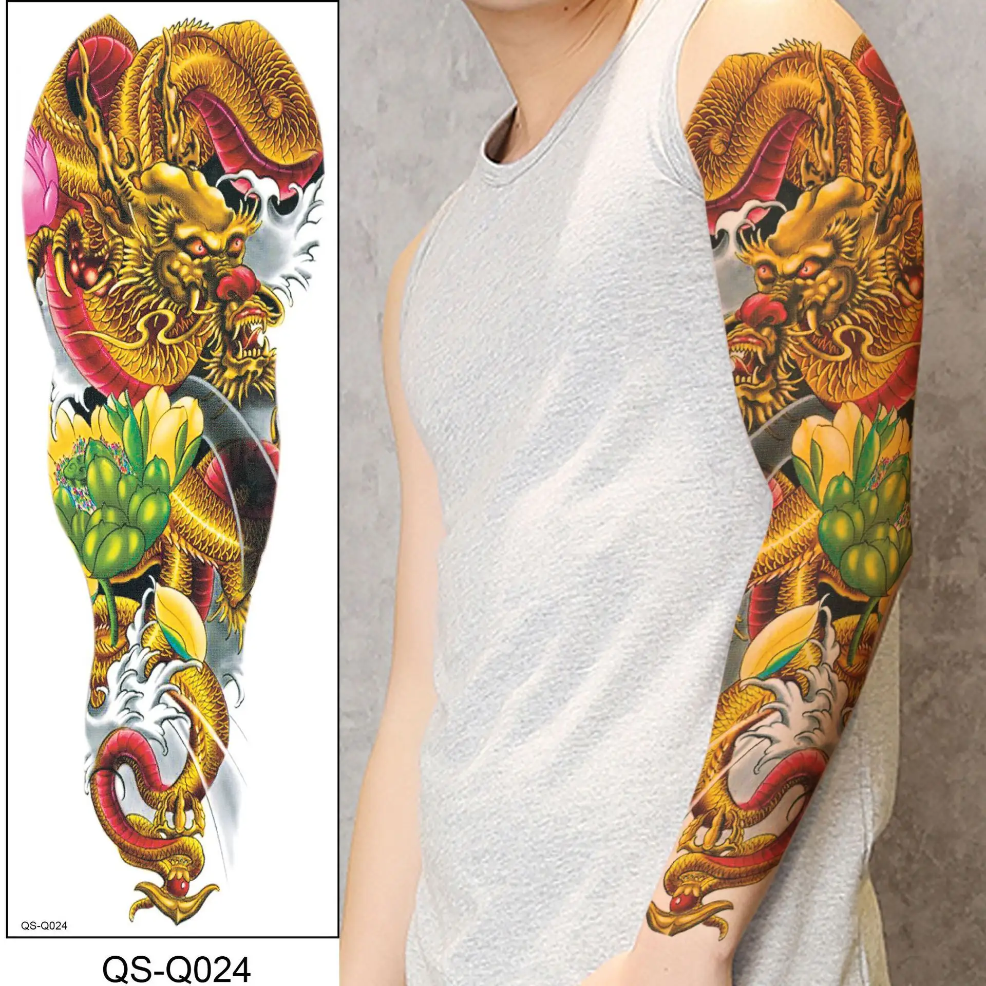 RTS Chinese Dragon Tattoo Water Transfer Waterproof Temporary Body Art Sticker for Woman Man Colorful Sleeve Arms Makeup Tattoo