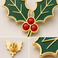Broche émaillée souple 2D en forme de feuille de houx unique, plaquée or, avec trois baies, bijoux de Noël, vente en gros, badges personnalisés, usine OEM