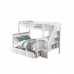 Lit superposé double avec escalier, tiroir et rangement, design moderne blanc pour chambre ou dortoir - Product Image 1