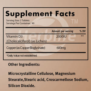 OEM Hot Sale - Customizable - Copper Bisglycinate, 90 Servings (180 Tablets), Dietary Supplements, Supports <b>Overall</b> Health - Product Image 3