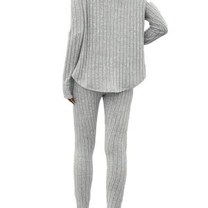 W4182 autunno abito Casual da donna in maglia tinta unita abito da casa a manica lunga a maniche lunghe pantaloni donna maglione Slim Set due pezzi - Product Image 5