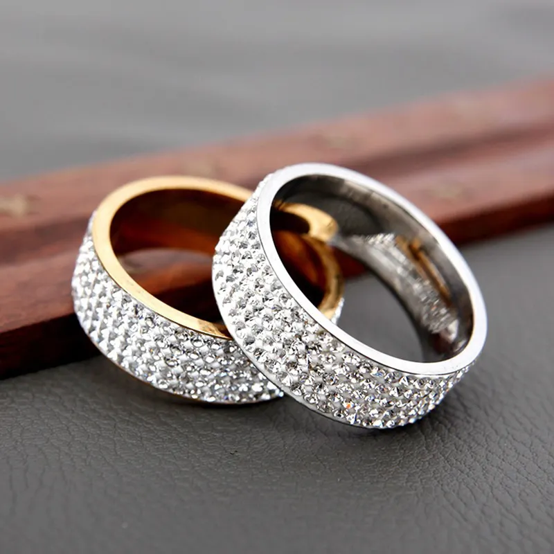 Anel de diamante de cinco fileiras, anel de aço inoxidável para homens e mulheres