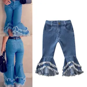 Groothandel Kinderen Dagelijks Dragen Kinderen Ruche Broek Baby Meisje Kwastje Bell Bottom Jeans