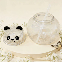 Vaso de Plástico Transparente con Pajita y Tapa Redonda con Diseño de Panda, con Luz