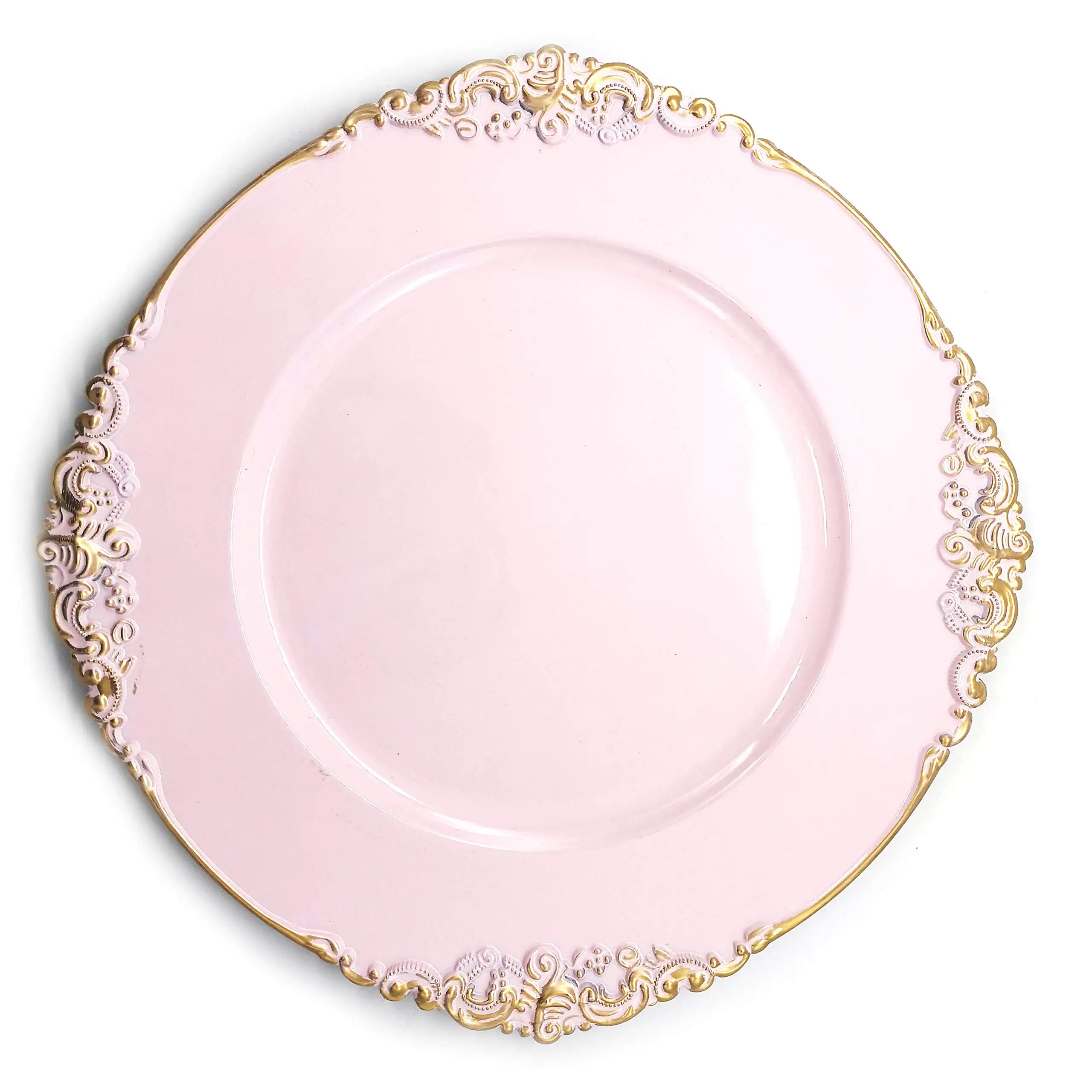 Borde Rosa boda decoración Floral plástico cargador placas oro venta al por mayor barato 13 pulgadas moderno plato redondo plato 350g pigmentado