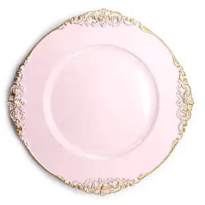 Venda por atacado barato 13 polegadas ouro aro rosa decoração de casamento floral placas de carregador de plástico