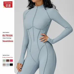 بدلة رياضية نسائية بياقة عالية للتمارين الرياضية واليوغا، بسحاب نصفي وخطوط، مصنوعة من النايلون والسباندكس، مناسبة للرياضات عالية الكثافة، قطعة واحدة دافئة - Product Image 5