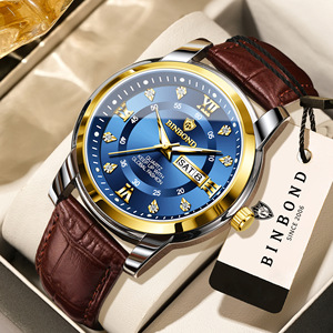 Binbond Men's Quartz Watch Blue Dial Leather Strap Waterproof Analog Business Watch With Date Display - Product Image 1