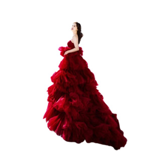 Red Ball Gown Wedding Dress Empire Waist Strapless Tulle Ruffles Claret For Outdoor Photography Couple Outfits - Product Image 5