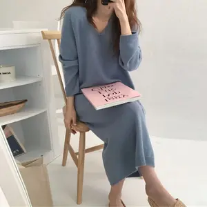 Tendenza invernale coreano all'ingrosso Casual scollo a V tinta unita Pullover in <span class=keywords><strong>maglia</strong></span> soffice Maxi maglione d'angora abito per donna - Product Image 1