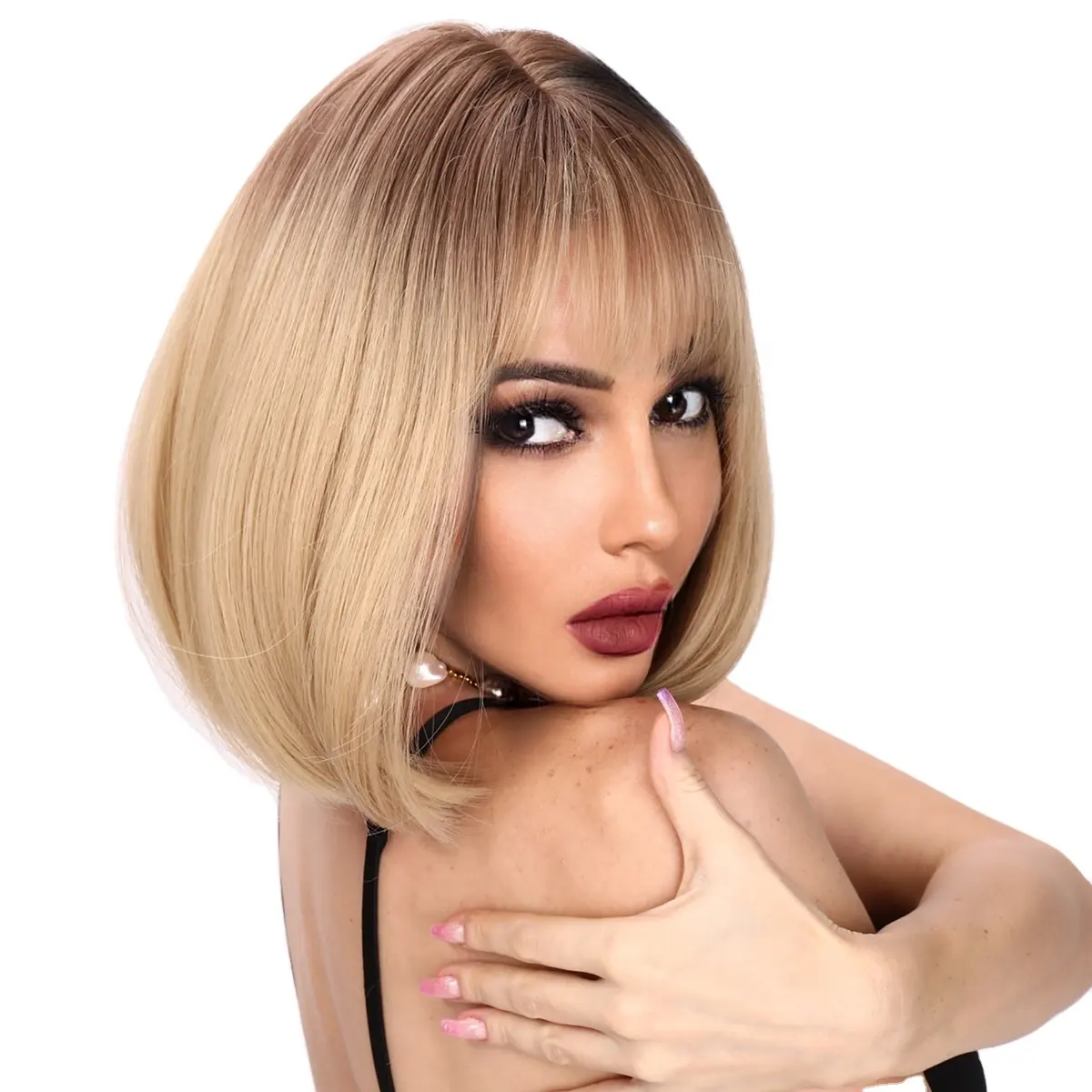 SMILCO Popular fashion wigs in Europe and America, light brown short hair and bangs wig Party supplies