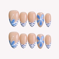 Offre Spéciale – Faux Ongles en Acrylique à Presser, French Manucure, Pois, Petites Fleurs Bleues, Forme Amande, Longueur Courte, 10 Pièces, Vente en Gros