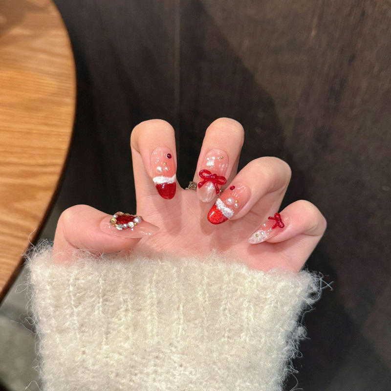 Design #2403 Wholesale Christmas Red Handmade 10pcs Short Oval Artificial Press on Nails Full Cover French Acrylic False Nails