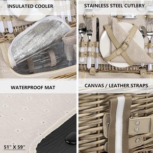 YULIN JIAFU Grand Panier de Pique-Nique en Osier Ensemble de 4 Doublure Isolante Couverture Imperméable Pochette à Vin pour le Camping et les Activités de Plein Air Saint-Valentin - Product Image 3