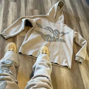 OEM Custom Logo Cut Raw Hem Hoodie 3D Puff Print Pants Men's Tracksuit Flare Pants Men's Two-piece Jogger Suit For Man