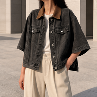 Chaqueta vaquera negra para mujer con cuello de pana marrón, abrigo vaquero oversize a la moda con botones plateados elegantes