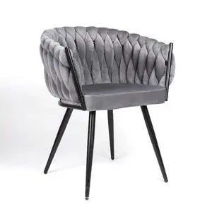Cadeira estofada em tecido macio com estrutura de metal cinza para jantar, cadeira de veludo tufado com braços, Factoyt Morden