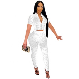 Primavera Verano 2024, conjuntos sexis de 2 piezas <span class=keywords><strong>para</strong></span> <span class=keywords><strong>mujer</strong></span>, conjuntos de manga corta de malla de retazos de diamantes de imitación <span class=keywords><strong>para</strong></span> Club, Tops cortos ajustados, camisas, conjuntos de pantalones - Product Image 6