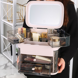 Cosmetic <b>Storage</b> Box With Mirror And <b>Drawers</b> For Makeup Organizer <b>Plastic</b> Dustproof White And Pink - Product Image 3