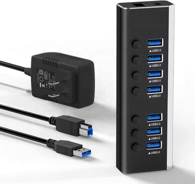 Powered Aluminum 7-Port USB 3.0 Data Hub Splitter with 24W Power Adapter Individual On/Off Switches-in Stock 12-Month Warranty