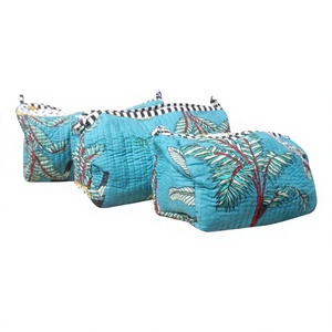 Bohemian Quilted Cosmetic <b>Bag</b> with Tropical Leaf Pattern Medium Size Multi-Function Organizer Textile Material No Zipper - Product Image 1