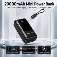 Batterie externe 20000mAh avec cordon intégré, câble PD 22.5W, charge rapide, plusieurs ports USB, chargeur portable pour smartphone