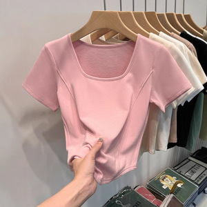 Camiseta de verano para mujer con cuello cuadrado, manga corta, dobladillo curvo, escote amplio, ajuste ceñido, diseño de espina de pescado, teñido liso, color sólido, larga - Product Image 4