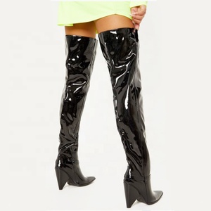 Bottes à talons compensés très longues pour femmes, à bout pointu, talons compensés hauts, bottes cuissardes, chaussures en cuir verni effet miroir, bottes au-dessus du genou - Product Image 2