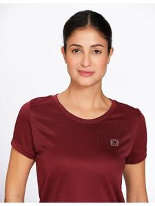 Women's Bold Burgundy Activewear <b>Top</b> In Solid Polyester Fabric With Scoop Neck Relaxed Fit By Munns & Mars For Gym Running - Product Image 5