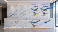 Panneau mural composite PVC effet marbre UV, blanc brillant avec veines bleues et dorées, résistant aux rayures, imperméable, revêtement intérieur