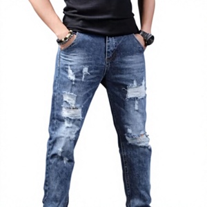 Jeans de Mezclilla para Hombre, Corte Slim Fit, Cintura Media, Desgastados, Estilo Casual, Pierna Recta, Algodón, Azul, para Otoño - Product Image 1