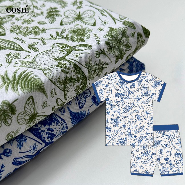 Bamboo Spandex Stretch Custom Design Low MOQ Rabbits and Butterfly Botanical Green Monochrome Organic Fiber Fabric Baby Blanket