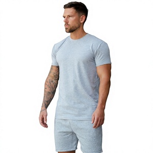 Camiseta de Manga Corta para Hombre, Corte Ajustado, Cuello Redondo, Color Gris Sólido, Algodón Jersey, Informal, Transpirable, Diseño Liso Teñido - Product Image 4