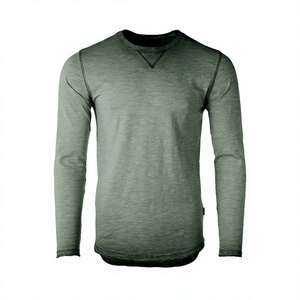 Blank Men <b>Long</b> <b>Sleeve</b> Scallop Hem Tee Custom X-Stitch Neckline Curved <b>Longline</b> T-Shirt Plain Streetwear Muscle Fit Cotton - Product Image 3
