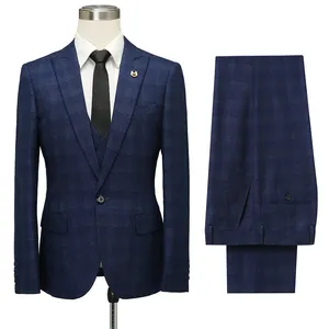 ธุรกิจขายส่งสำหรับชาย3ชิ้นลายสก๊อตสีฟ้าผู้ชายSingle Breasted Coat Blazerเสื้อกั๊กกางเกงสูทอย่างเป็นทางการคุณภาพ