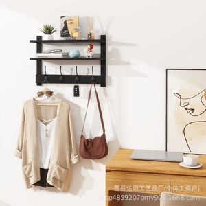 Iron And Wood Wall Mounted <b>Rack</b> With Hooks 3 Tier Floating <b>Shelf</b> Black Coat Key Organizer For Entryway Home Storage - Product Image 1