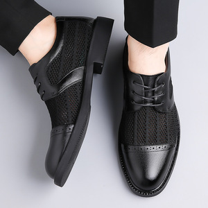 Men's Business Casual Leather Shoes <b>White</b> And Black <b>Lace</b>-up Breathable Mesh Soft Sole Office Career Dress Shoes - Product Image 4