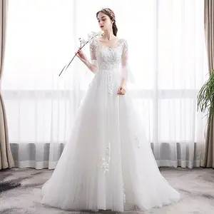 2438 femme enceinte col en V 3/4 manches dentelle robe de mariée de maternité pour la mariée