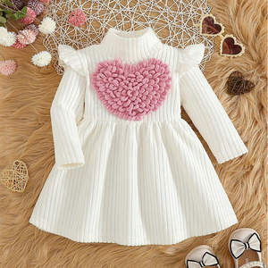 Vestido Midi <span class=keywords><strong>para</strong></span> Niña, Cuello Alto, Manga Corta con Volantes, Estampado de Corazón, Transpirable, Línea A, Color Sólido, Simple y Bonito - Product Image 1