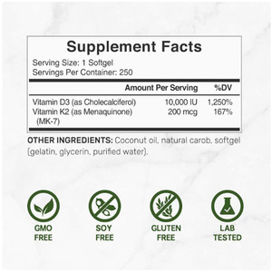 Vitamina D3 K2 10000IU (200mcg) Aceite de coco 100% a base de plantas Vitamina <span class=keywords><strong>D</strong></span> vegana y vegetariana 250 cápsulas - Product Image 3