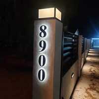 Plaque de porte lumineuse LED 3D en acier inoxydable pour extérieur, personnalisée, moderne, avec numéros de maison, lettres et logo, style Lowe's