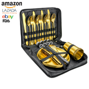 Stainless Steel Outdoor Cutlery Set 4 Person Portable <b>Camping</b> Knife Fork Spoon <b>Cup</b> Plate Gold Color Eco Friendly Storage - Product Image 2
