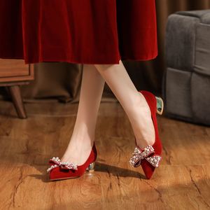 <b>Red</b> Velvet Heeled Sandals Pointed Toe Thick Heel <b>Bow</b> Decoration Elegant Wedding Party Shoes Comfortable Women's Shoes - Product Image 1
