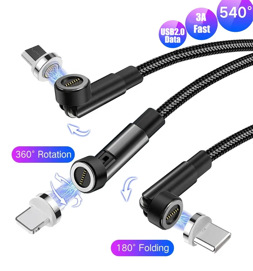 Rotating 3A Fast 2.0 Data Gaming Car Magnet Usb Cords 540 3 in 1 Magnetic Charging Cable
