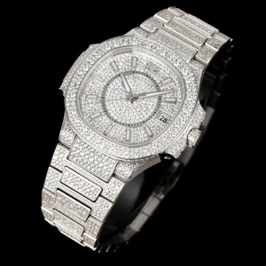 Montre de luxe de haute qualité avec bracelet en acier inoxydable, mouvement mécanique, style hip-hop, date, et cadran entièrement serti de diamants en cristal de saphir - Product Image 1