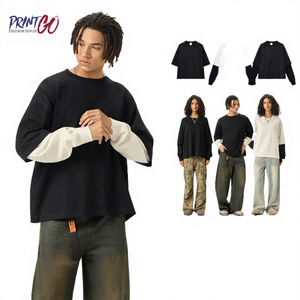 280 Gramm 100% Baumwolle Gestricktes Sportliches T-Shirt Doppellagiges Kontrastfarben-Design Laternenärmel Kurz Weit Kastenförmig Amerikanischer <span class=keywords><strong>Patchwork</strong></span>-Stil - Product Image 1