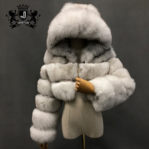 Manteau de fourrure <span class=keywords><strong>court</strong></span> de ventre de conception de mode avec le manteau de fourrure de renard à capuche à manches longues - Product Image 2