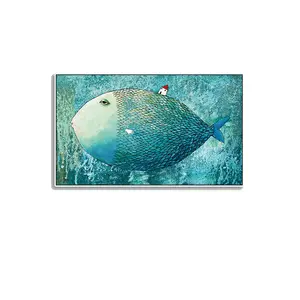 Pintura em tela com moldura flutuante, arte de parede de peixe e fadas verdes naturais, decoração caseira