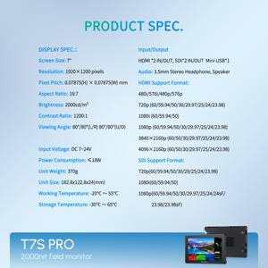 FEELWORLD T7S PRO <span class=keywords><strong>7</strong></span> "2000NIT Ultra Bright <span class=keywords><strong>Camera</strong></span> Field Monitor HDMI 3G-SDI 60Hz Portable DSLR Monitor OEM Wholesale - Product Image 5