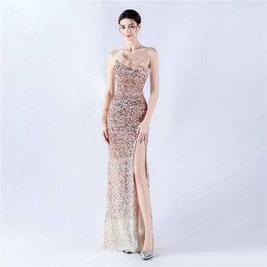 Vestido de noche de chifón transpirable con tirantes finos, corte <span class=keywords><strong>imperio</strong></span>, suela de terciopelo de alta densidad con degradado, y tirante de un solo hombro con cuentas. - Product Image 5